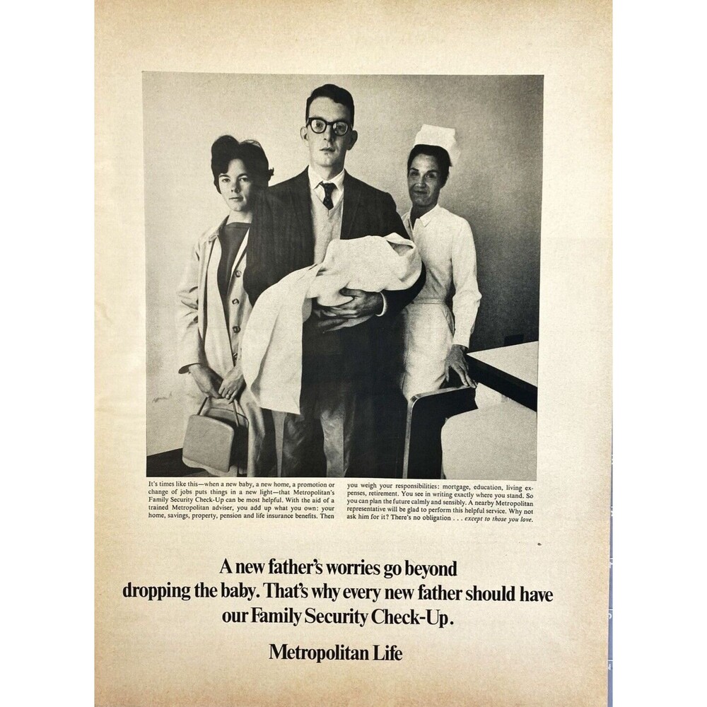 Metropolitan Life "A new father's worries go beyond dropping the Baby" Ad 1967